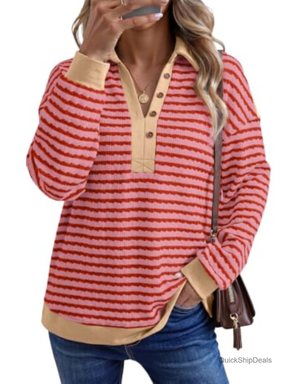 Oversized Lightweight Henley Neck Sweatshirt Womens Pullover